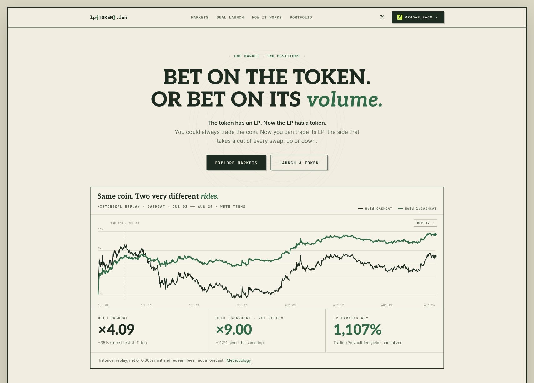 lpTOKEN.fun home page introducing token and liquidity positions in the same market