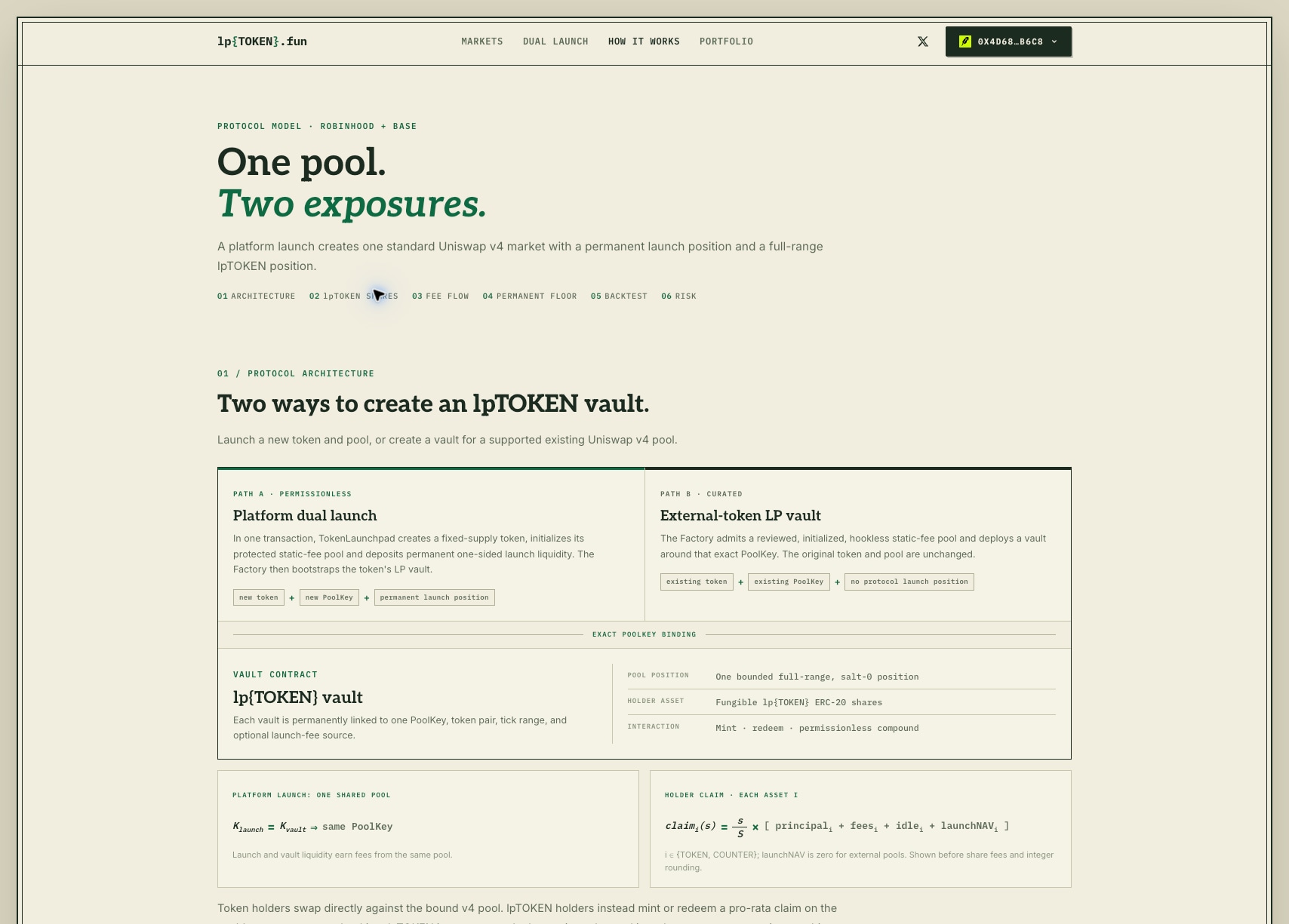 lpTOKEN.fun methodology explaining LP vaults, share ownership, and fee flows